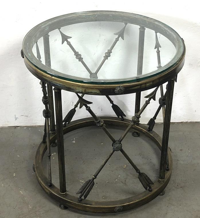 Regency Style Brass Drum Form Table Glass Top.  20 1/2" (1 of 3)