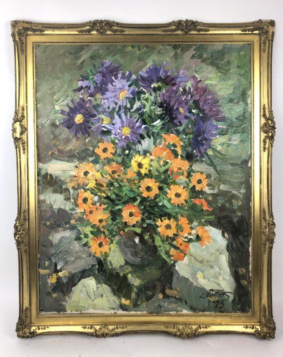 Edgar Vinters Floral Still Life Still Life, oil on: Edgar Vinters Floral Still Life Still Life, oil on panel , signed (LR) Image sight is 32 1/2" x 26 3/4" Condition, some tacks on board showing , some wood loss and gilt loss to frame