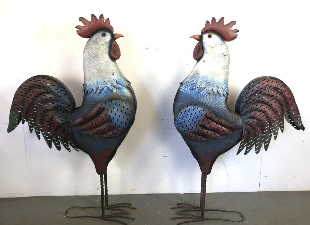 A Pair of Paint Decorated Metal Garden Roosters 70" h x (1 of 6)