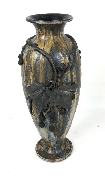 Roger Guerin Signed Art Nouveau Vase Artist signed, A: Roger Guerin Signed Art Nouveau Vase Artist signed, A Chezal. Size, 21" h. x 9" diameter. Condition, 1 berry missing .