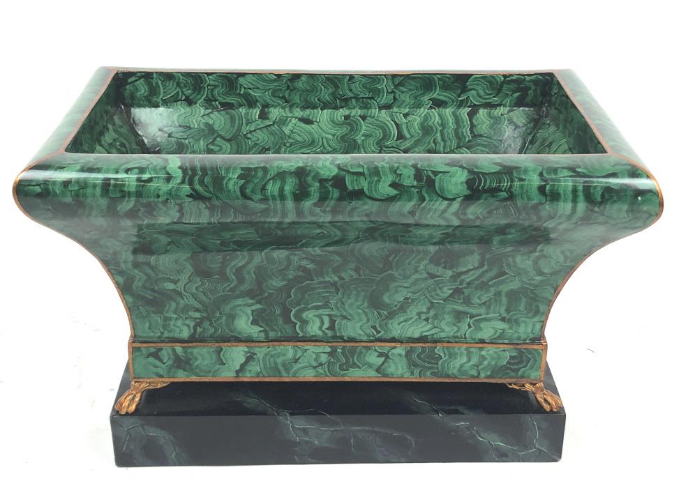 Maitland Smith Faux Malachite Tole Jardiniere 11 3/4"h: Maitland Smith Faux Malachite Tole Jardiniere 11 3/4"h x 18"w x 10" d. Condition, some cracked and chipped paint in interior