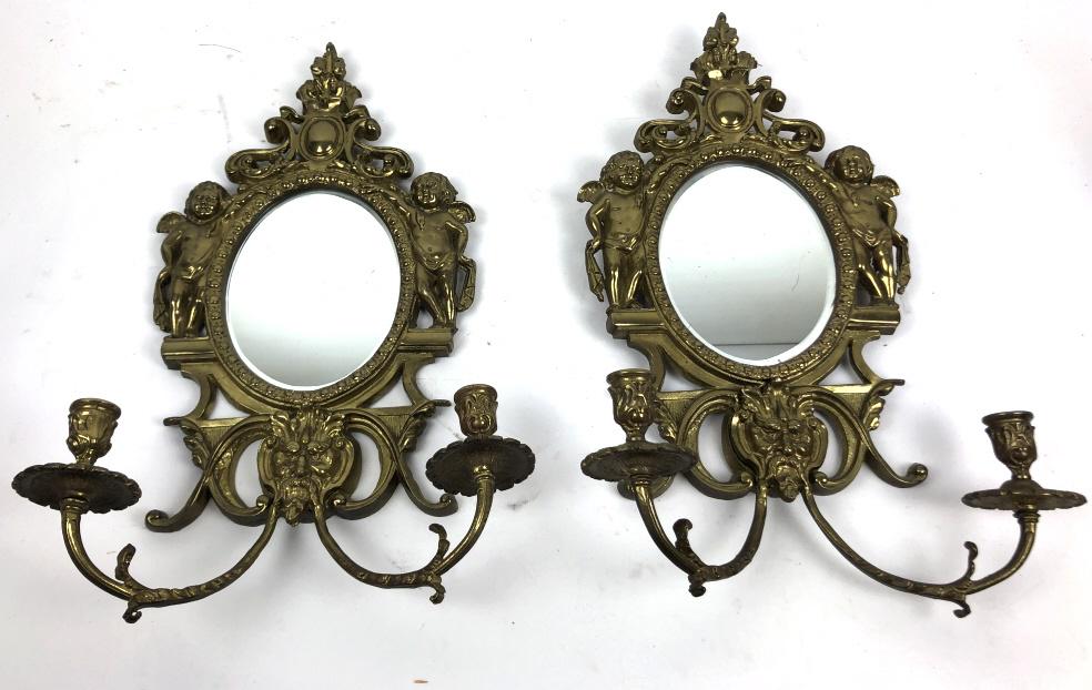 Pair of Brass Mirror Back Sconces 22" h x 14" w. (1 of 4)