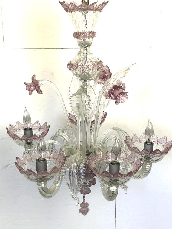 Murano Clear and Pink Glass 5 Light Chandelier 26" h x: Murano Clear and Pink Glass 5 Light Chandelier 26" h x 20" diam. Condition, untested