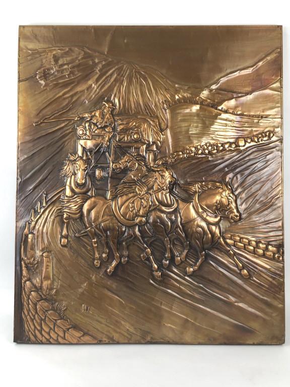 Copper Plaque of Stage Coach Signed D.O. Algakka ? 37: Copper Plaque of Stage Coach Signed D.O. Algakka ? 37 1/2" h x 31 3/4" w. Condition, some creases in metal, needs cleaning
