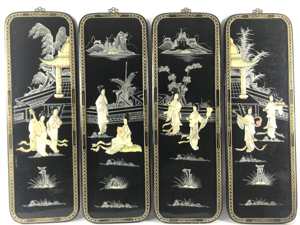 A Set of  4 Asian Black Lacquered Wall Panels 36" h x (1 of 8)
