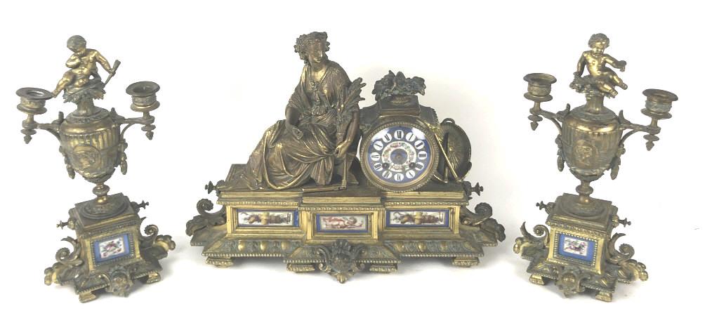 Empire Style Gilt Metal Garniture Clock Set Clock is (1 of 5)