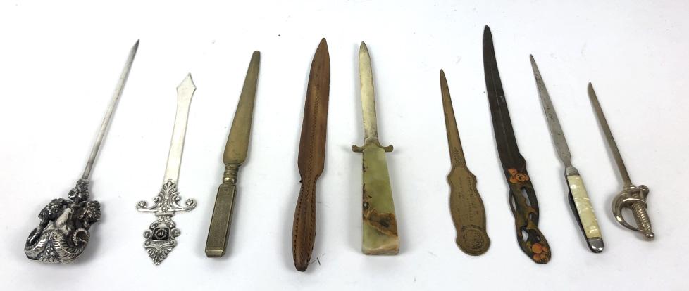 A Group of Letter Openers Including (1 ) 800 silver: A Group of Letter Openers Including (1 ) 800 silver opener. Largest is 10 3/4" , Condition, needs cleaning , old repairs, some chips and scratches