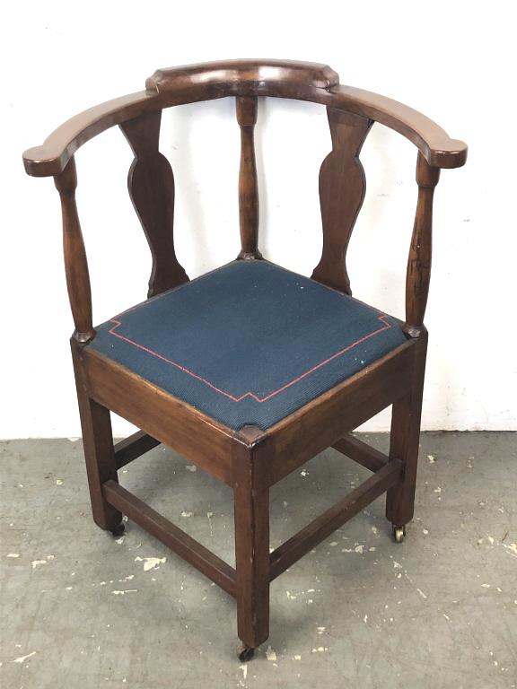 19th Century Mahogany Corner Chair 32 1/2"h x 25 1/2"w: 32 1/2"h x 25 1/2"w x23"d Condition, old repairs, some minor stains to seat, some scratches and scuffs