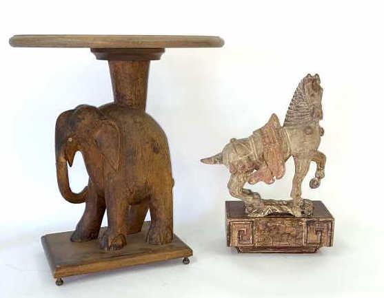 Wooden Elephant Side Table and Chinese Wood Horse The: The horse is 2 pieces and is a wall hanging. Elephant measures 18 3/4"h x 17"w x 11 1/4"d. Condition on elephant: overall wear, scratches, scuffs broken tusks, top is a little loose, burn mark on top.