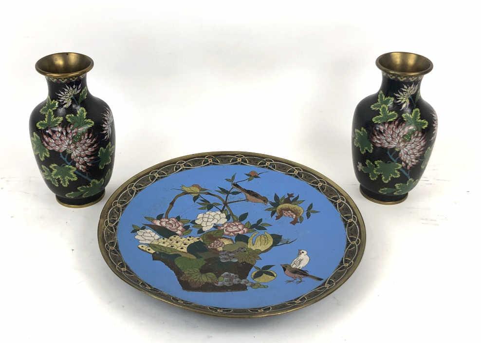 A Pair of Cloissone Vases Together with charger. (1 of 7)