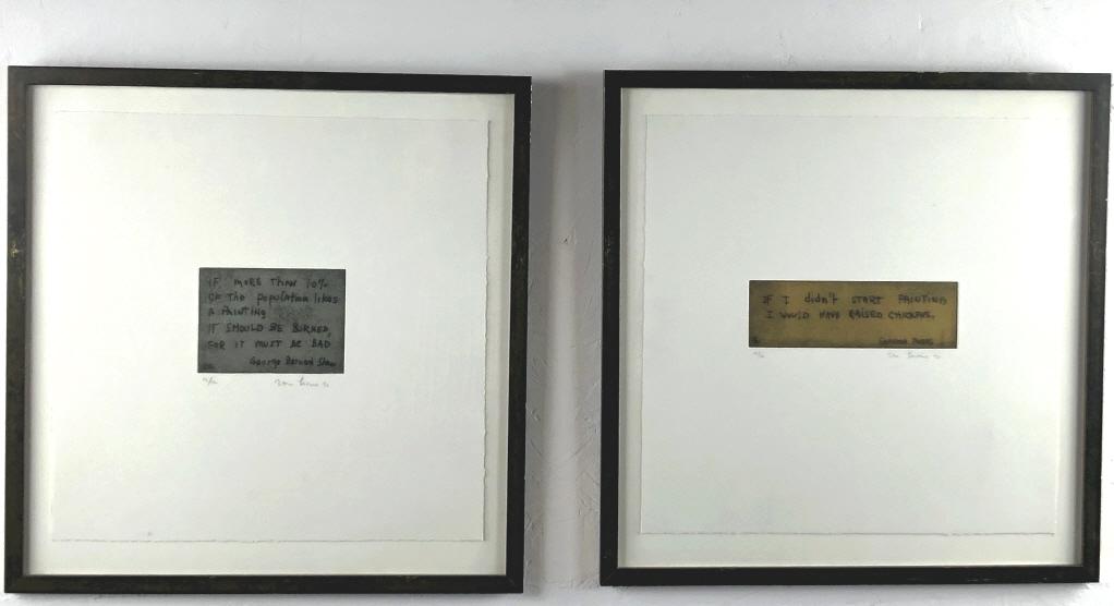 Tom Levine (American 1945-2020) 2 Etchings with quotes: 2 Etchings with quotes by George Bernard Shaw and Grandma Moses. Limited Edition, 12/12 Overall 17 1/4" x 17" Condition, some scratches to frame