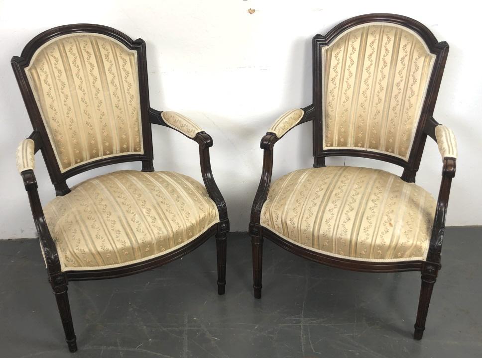 A Pair of Louis XVI Style Fauteuil 37"h x 24"w x 24"d: 37"h x 24"w x 24"d Condition, some wear and stains to fabric, some tears to fabric on back