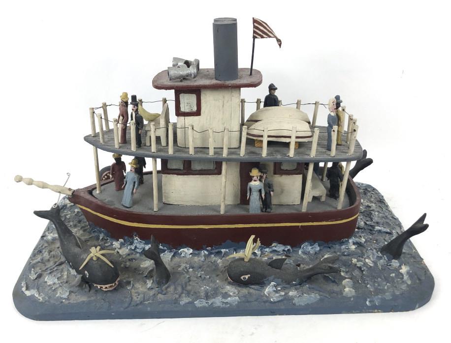 Bill & Phyllis Duffy Whale Watching. Folk Art painted: Whale Watching. Folk Art painted wood and plaster. 16"h x 25"w x13 1/2"d Condition, some loose pieces, needs cleaning