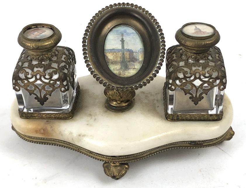 Marble and Glass Vanity Set With hand painted plaques. (1 of 6)