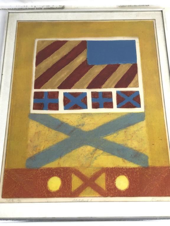 R. Sauer Titled "Salute", dated 1966. Artist proof. 24: Titled "Salute", dated 1966. Artist proof. 24 1/2" x 19 1/4" Condition, some stains to matting