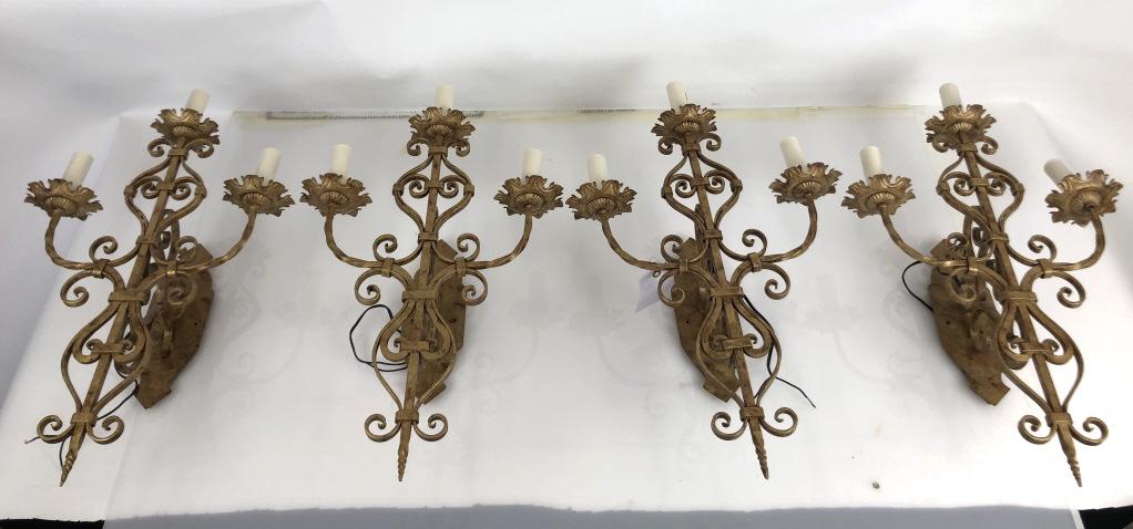 A Set of 4 Wrought Iron 3 Light Sconces With gold paint (1 of 6)