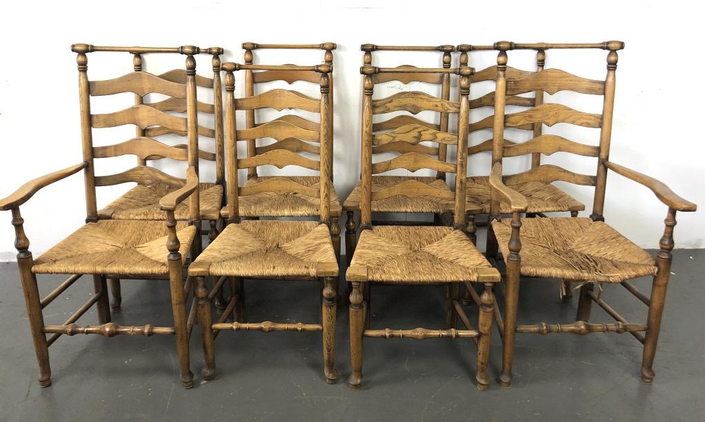 A Set of 8 Oak Ladderback Dining Chairs Armchairs are (1 of 9)