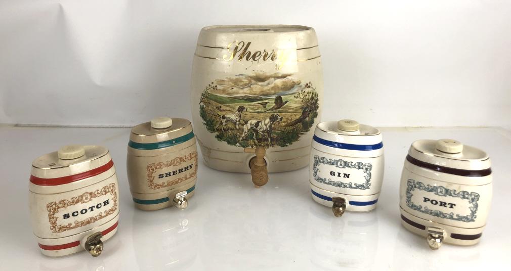 A Group of Five Liquor Porcelain Liquor Barrels 4 small (1 of 6)