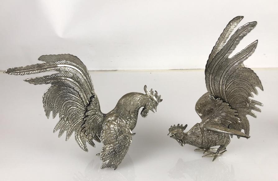 Pair of Silver Tone Fighting Roosters The tallest is 9 (1 of 6)