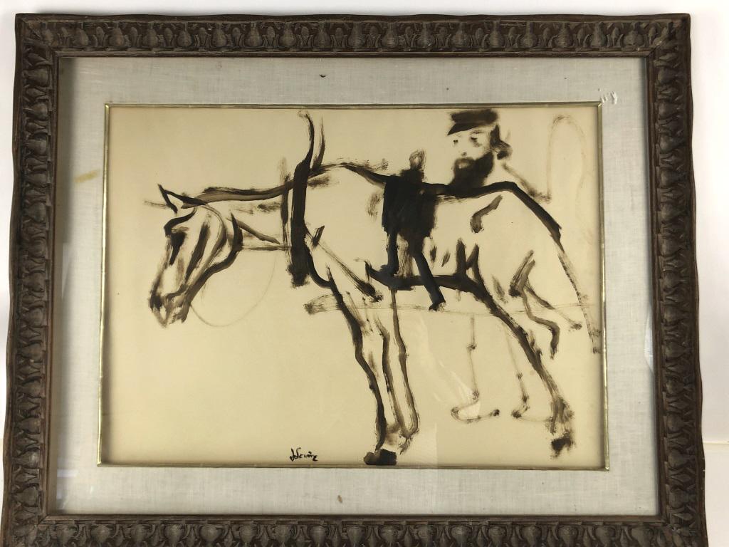 Jack Levine Ink Wash Man with Horse. Signed in center.: Man with Horse. Signed in center. Sight is 21"x 29" Condition, loose back