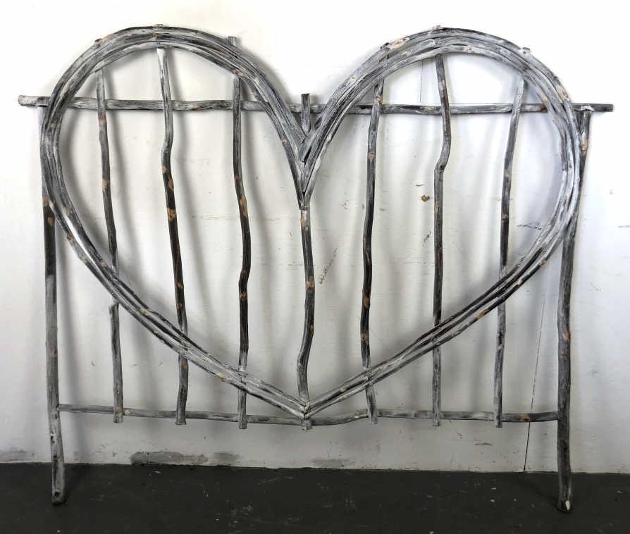 Twig Heart Shape Headboard 57"h x 65"w. Condition, some: 57"h x 65"w. Condition, some worn paint