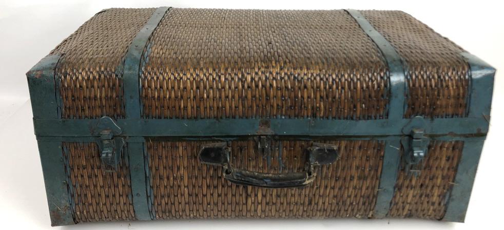 Wicker and Metal Suitcase 21"h x 31 1/2"w x 13 1/2"d: 21"h x 31 1/2"w x 13 1/2"d Condition, old patina , rustic, missing center catch, overall wear