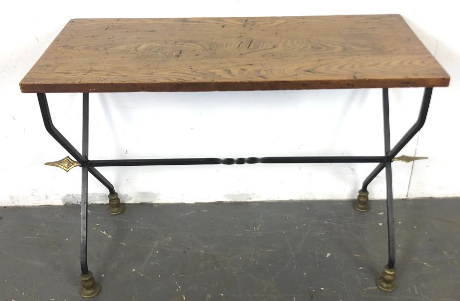 A Metal and Oak Top Console With brass accents. 29"h x: With brass accents. 29"h x 34" x 18"d. Condition, top has antique distressed finish