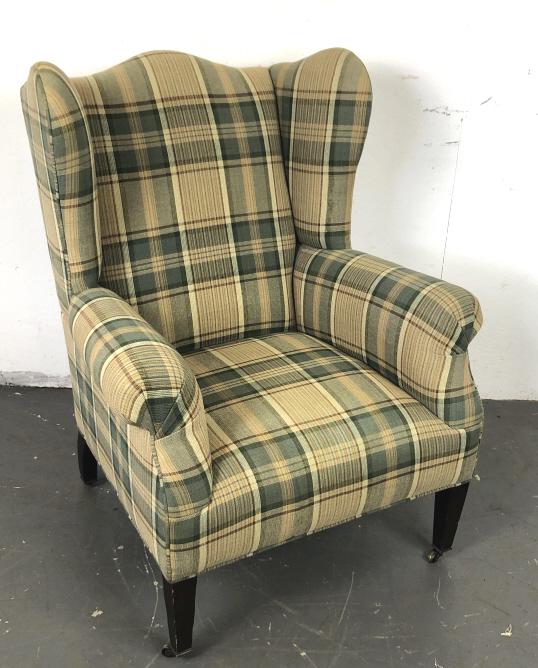 Upholstered Wingback Armchair. Owner says it a Ralph: Owner says it a Ralph Lauren, but no label. 41"h x 32 1/2"w x 33"d. Condition, some scratches and scuffs to legs