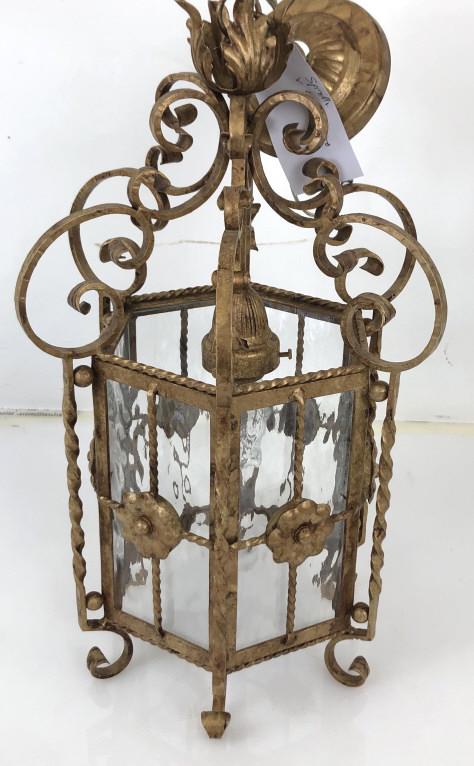 Gold Painted Wrought Iron Hall Lantern 21"h x 13" (1 of 3)
