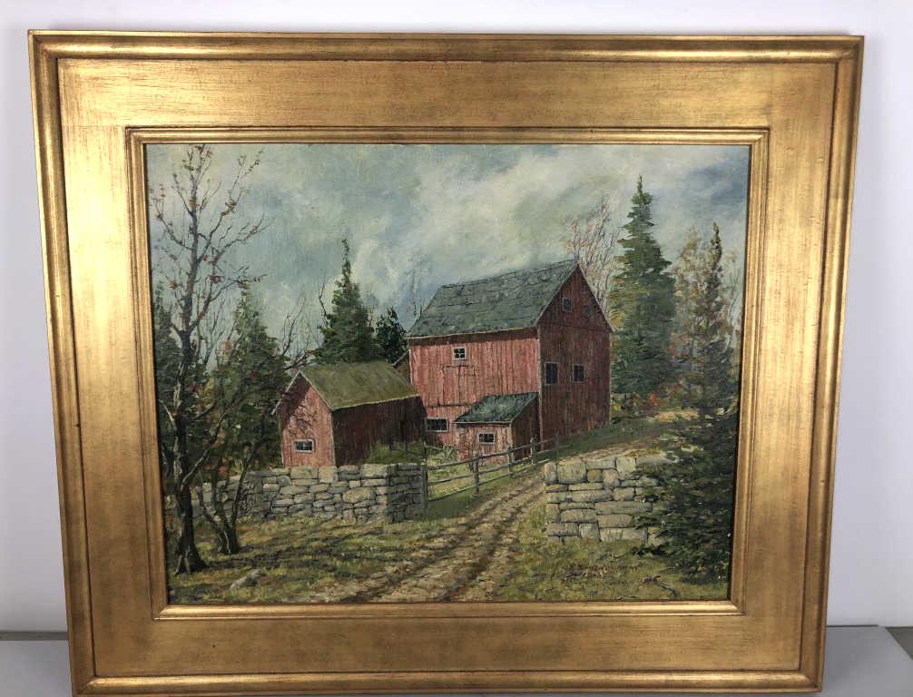 New England Barn Scene Oil on Board, signed (LR) Sight, (1 of 4)