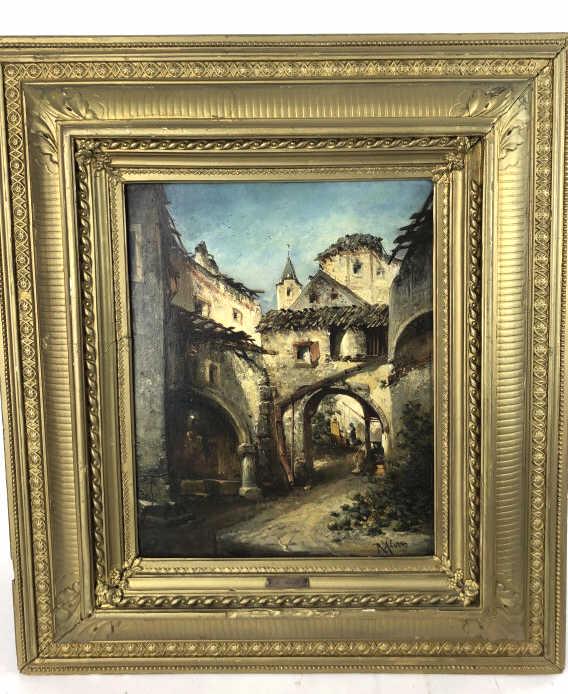 Robert Alott Courtyard scene. Oil on board signed (LR) (1 of 5)