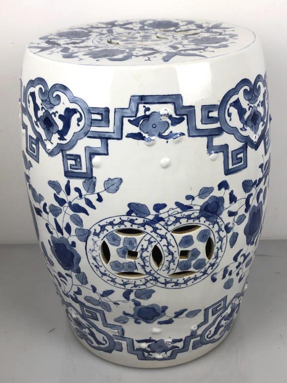 Asian style blue porcelain garden seat 18"h x 13 1/2"w.: 18"h x 13 1/2"w. Condition, needs cleaning