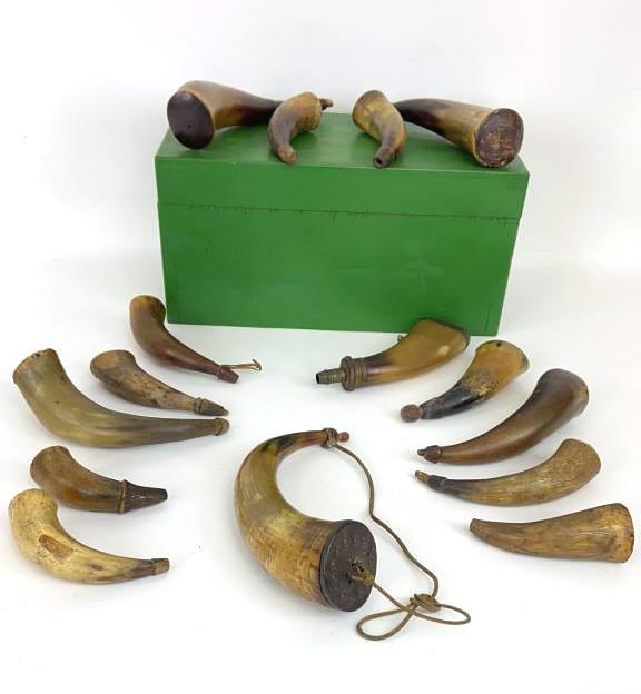 A  Group of Powder Horns With Green painted wooden box. (1 of 9)