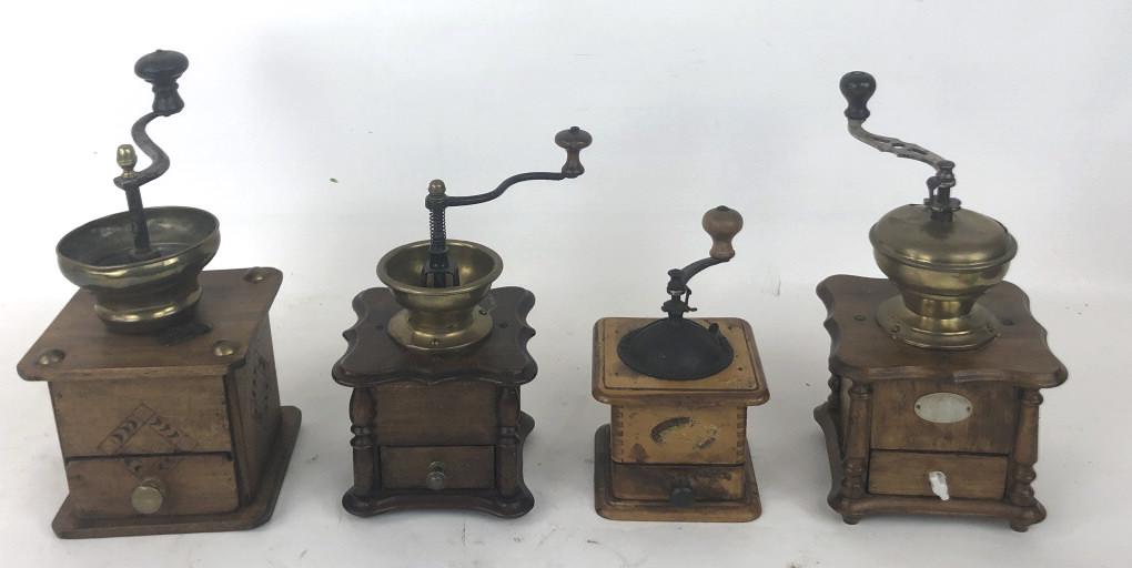 A Group of 4 Table Coffee Grinders Tallest is 11 1/2"h. (1 of 4)