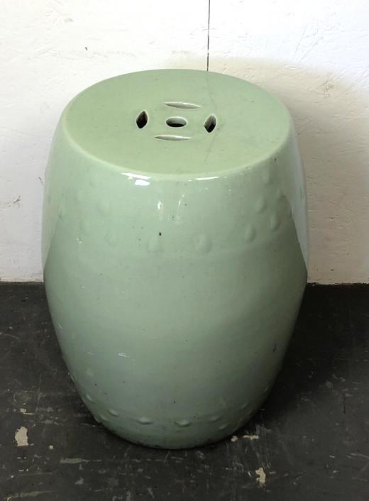 Asian Style Celadon Porcelain Garden Seat 18 1/4"h x: 18 1/4"h x 13"diam. Condition, some household paint splatter