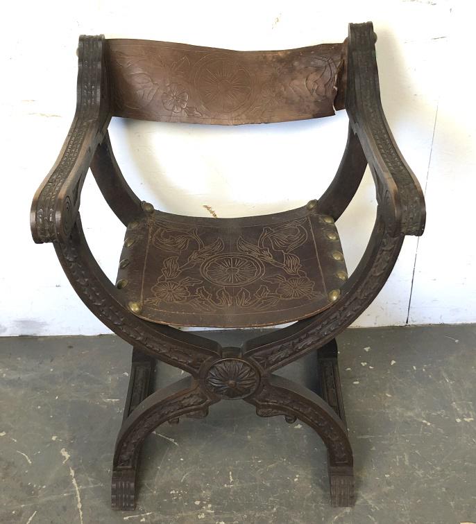 Spanish Style Carved Walnut Leather Folding Chair 33 (1 of 4)