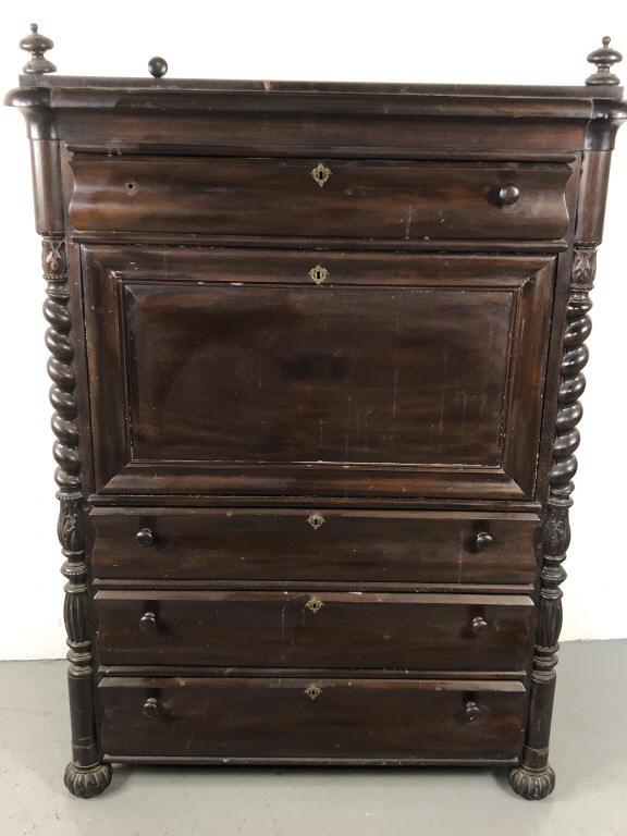 Empire Style Mahogany Secataiure A Abatant: 63 1/2"h x 42 1/2"w x 23"d Condition, some cracks, scratches, scuffs, needs cleaning