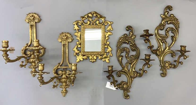 Two Pr. Of Sconces and Brass Tone Mirror Largest brass (1 of 8)