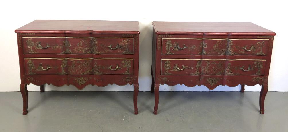 Pair of Louis XV style paint decerated commodes: Manufactures by Amy Howard 36 1/4"h x 48"w x 21 1/4"w Condition, some scratches and scuffs, minor paint loss
