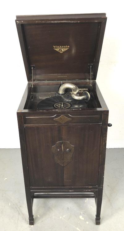 Mahogany Case Victor Victrola 36 3/4"h x 23"w x 19: 36 3/4"h x 23"w x 19 1/2"d Condition, scratches, scuffs, some veneer loss, untested, one doorknob missing