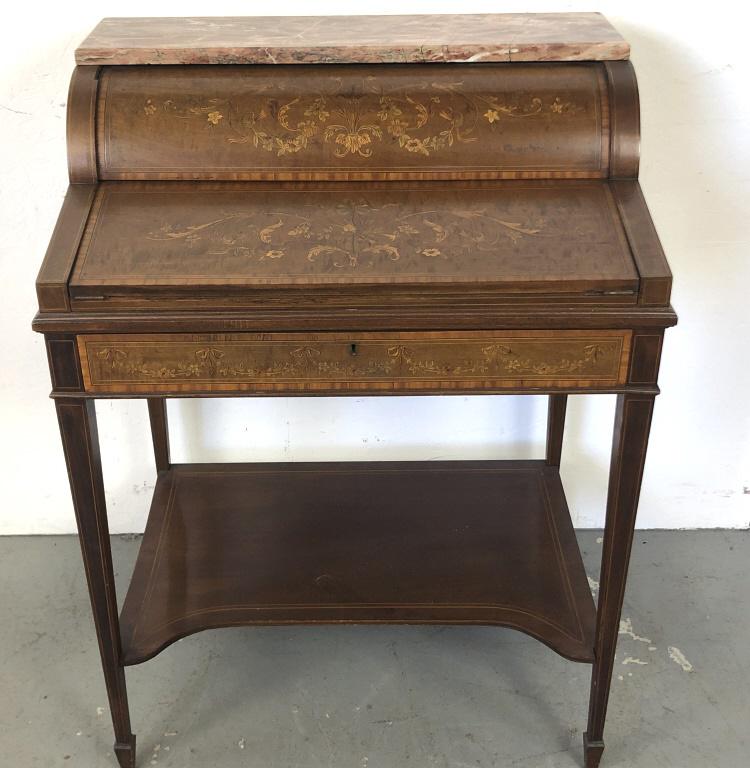 Eduardian Mahogany Inlaid Ladies Writing Desk 39 1/2"h: 39 1/2"h x 29 1/2" 21"d. Condition, some molding missing, old repairs, scratches and scuffs