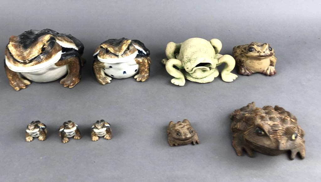 A Group of 9 Frogs. Comprising of 7 ceramic frogs and 2 (1 of 11)