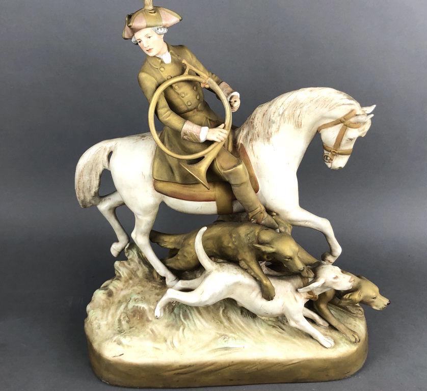 A Royal Dux Porcelain Figure of Huntsman on Horse. 20"h (1 of 8)