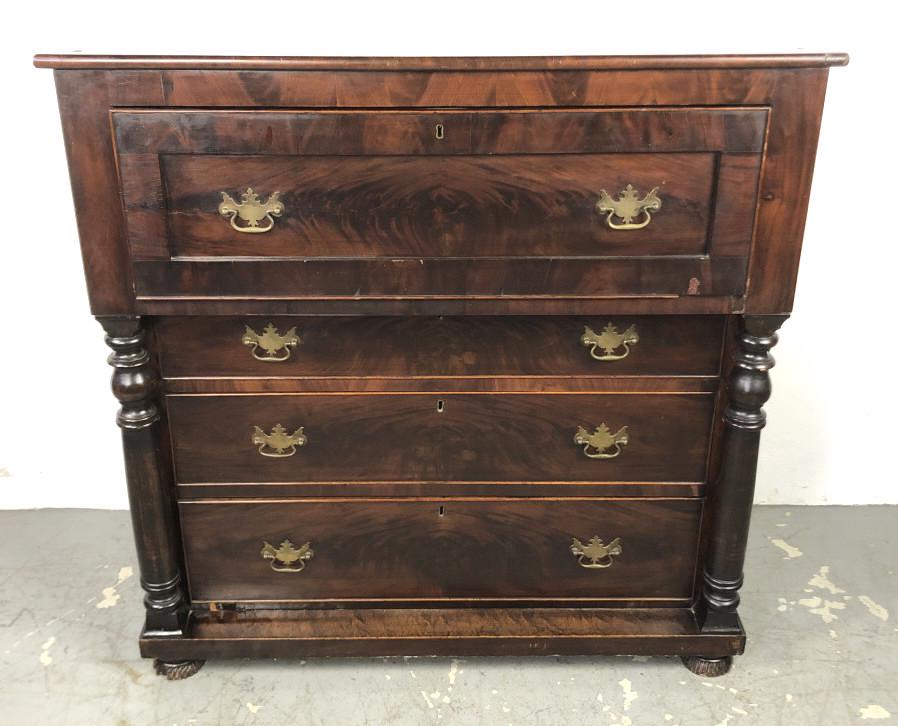 19th Century Mahogany Secretaire Desk. 44 3/4"h x 44: 44 3/4"h x 44 1/2"w x 22 3/4"d. Condition, old repairs, some chipped veneer, some cracks.