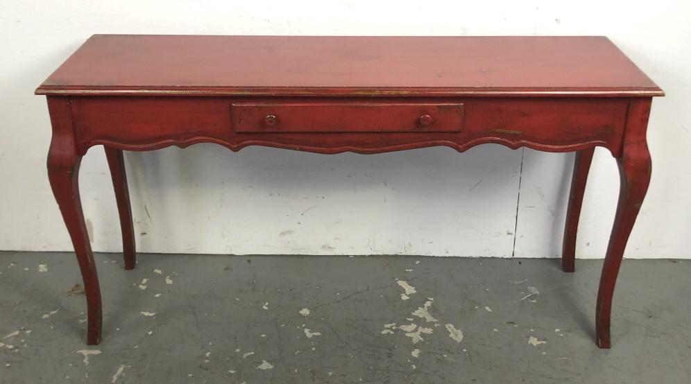 Louis XV Style Red Lacquered Console. Manufactured by: Manufactured by Habershan. 29"h x 55"w x 16"d. Condition, some scratches and scuffs.
