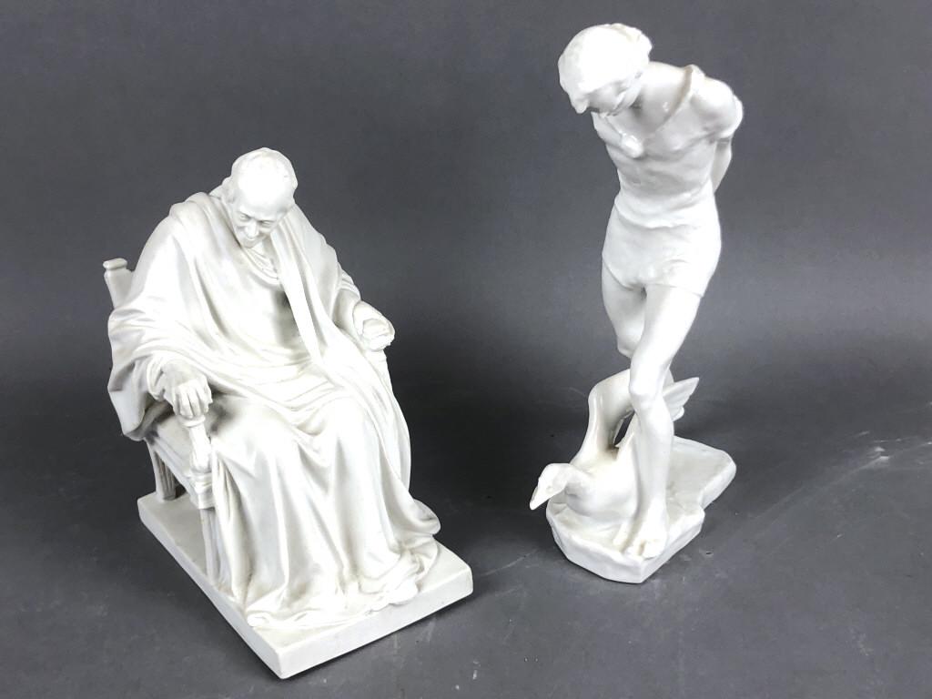 Bisque Figure of Voltaire Together with Madam with: Together with Madam with Goose. Tallest is 11 3/4". Condition, needs cleaning.