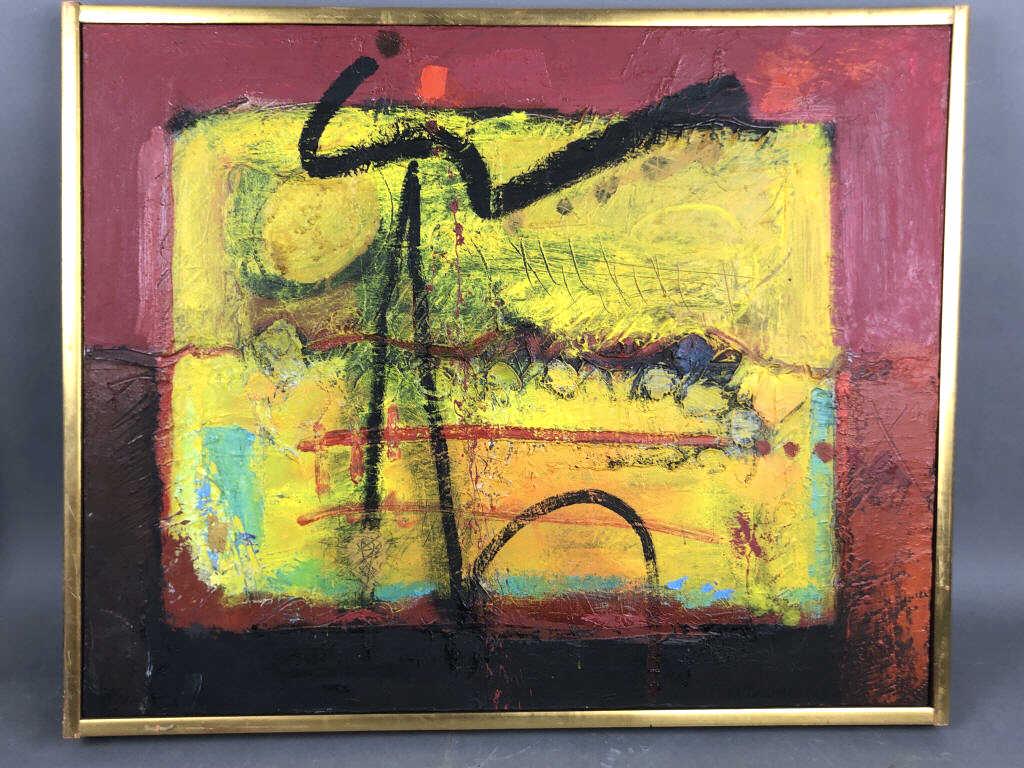 Mario Torroella (born 1935) Cuban Yellow and red: Yellow and red abstract. Oil on canvas. Signed (LR) Overall, 25 1/4" x 31 1/4". Condition, some scratches to paint and frame