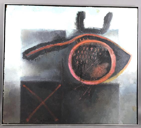 Mario Torroella (born 1935) Cuban Abstract blue and: Abstract blue and grey with circle motif. Signed (LL) Dated 1976. OIl on board. Overall 35" x 39 3/4". Condition, some chipped and worn board to