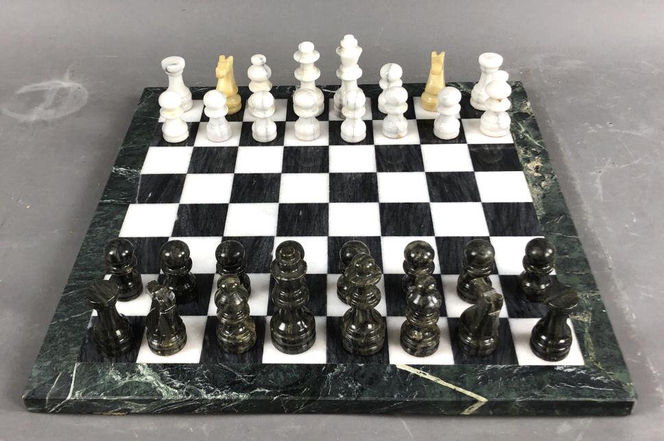 Marble Chess Board and Pieces Chess board is 16" x 16" (1 of 3)