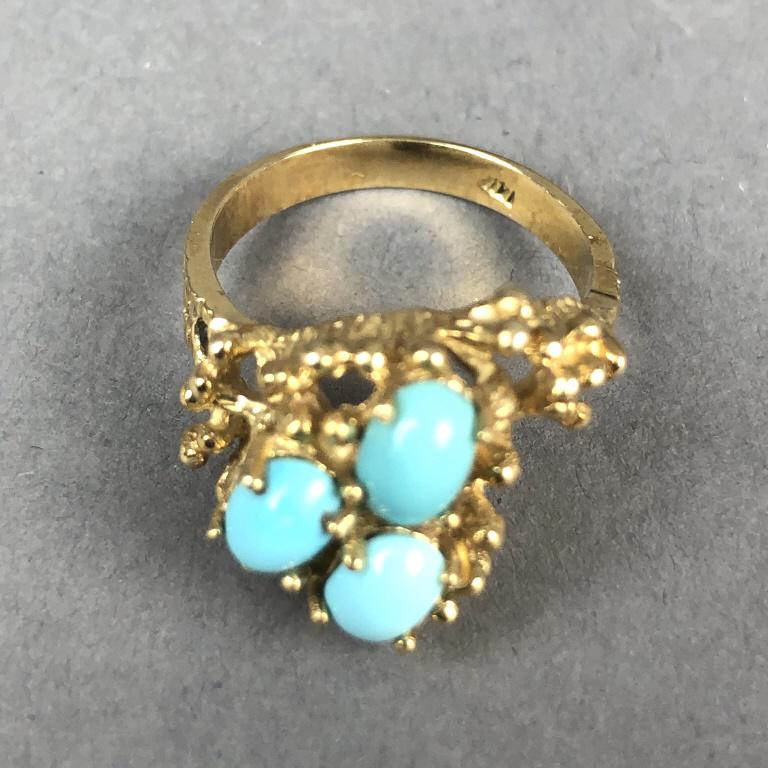 14 K Gold 3 Stone Turquoise Ring. 3.23 DWT Condition, (1 of 4)